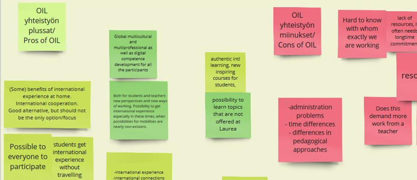 Snip of Miro board with pros and cons of OIL cooperation from lecturers’ point of view