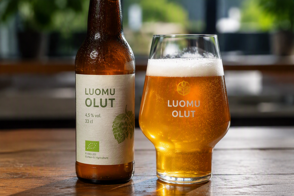 Luomuolutpullo ja olut lasi